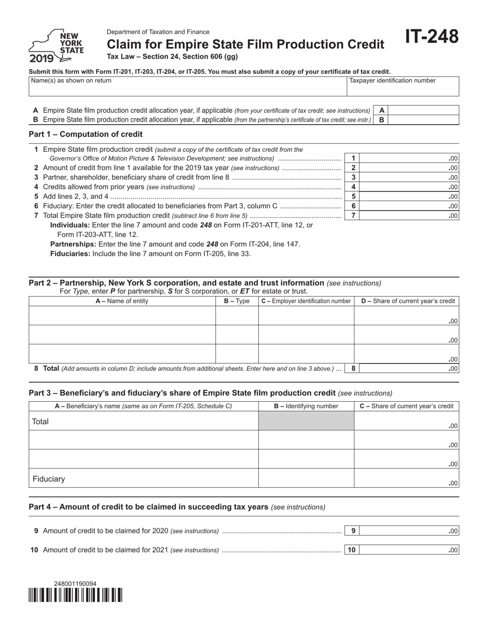 Form IT-248 Claim for Empire State Film Production Credit - New York, Page 1