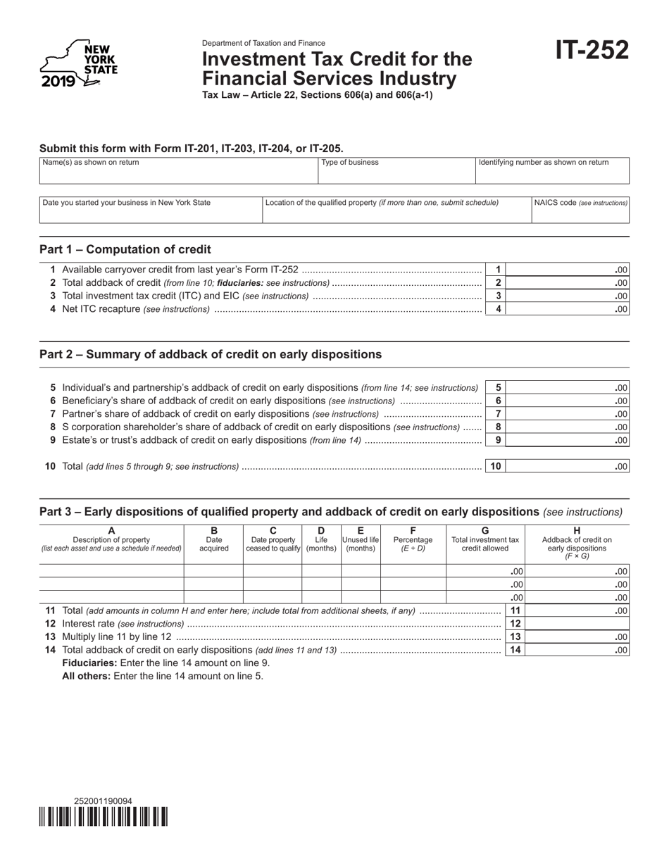Form IT-252 Investment Tax Credit for the Financial Services Industry - New York, Page 1