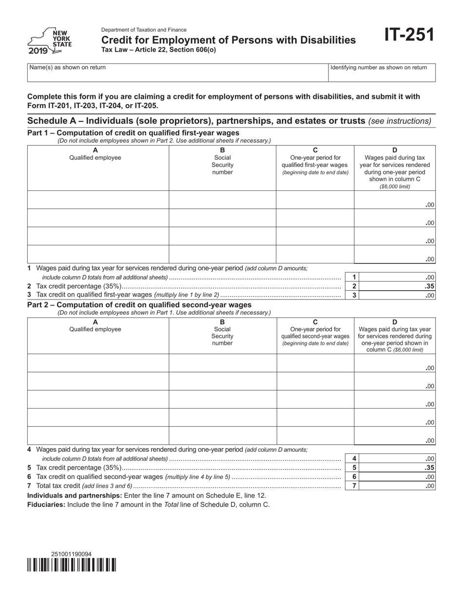 Form IT-251 Credit for Employment of Persons With Disabilities - New York, Page 1