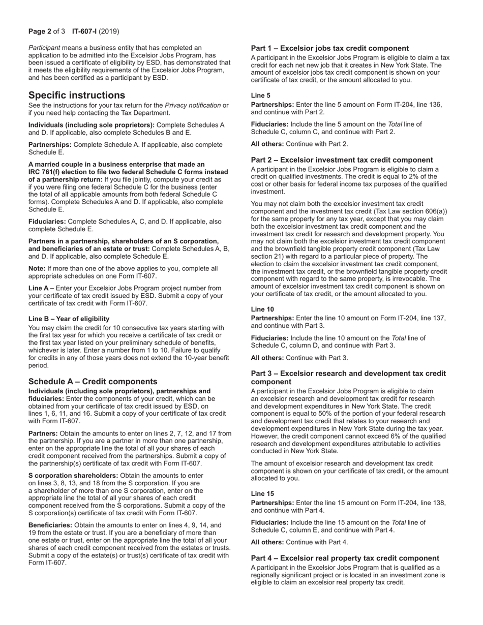 Download Instructions for Form IT607 Claim for Excelsior Jobs Program Tax Credit PDF, 2019