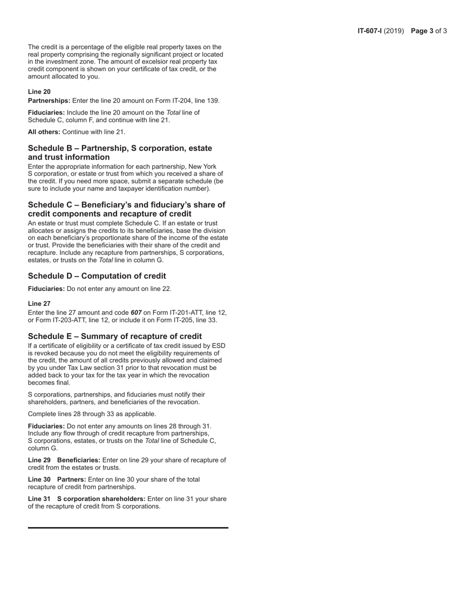 Download Instructions for Form IT607 Claim for Excelsior Jobs Program Tax Credit PDF, 2019