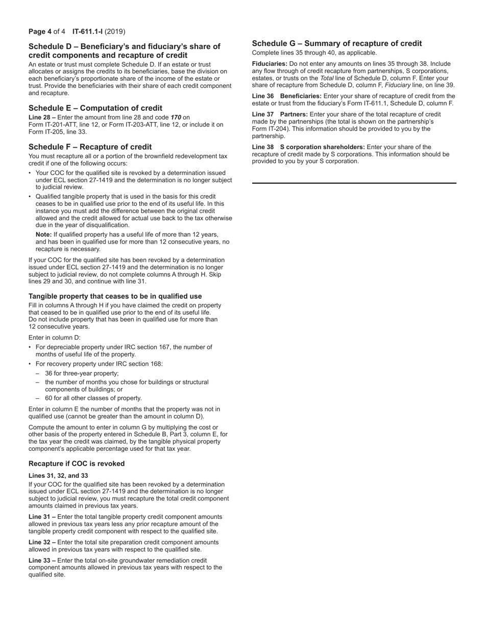 Instructions for Form IT-611.1 Claim for Brownfield Redevelopment Tax Credit for Qualified Sites Accepted Into the Brownfield Cleanup Program on or After June 23, 2008, and Prior to July 1, 2015 - New York, Page 4