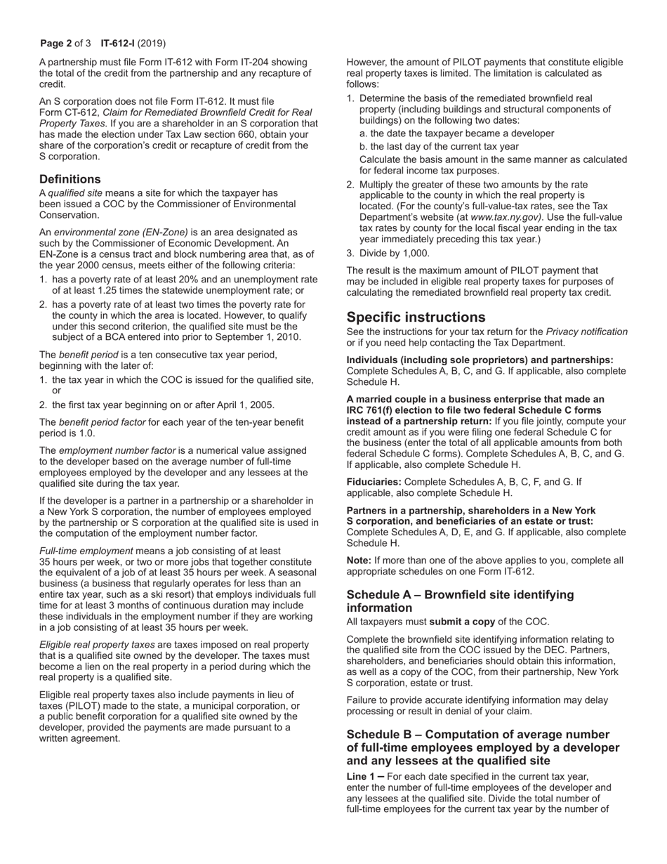 Instructions for Form IT-612 Claim for Remediated Brownfield Credit for Real Property Taxes for Qualified Sites Accepted Into the Brownfield Cleanup Program Prior to July 1, 2015 - New York, Page 2