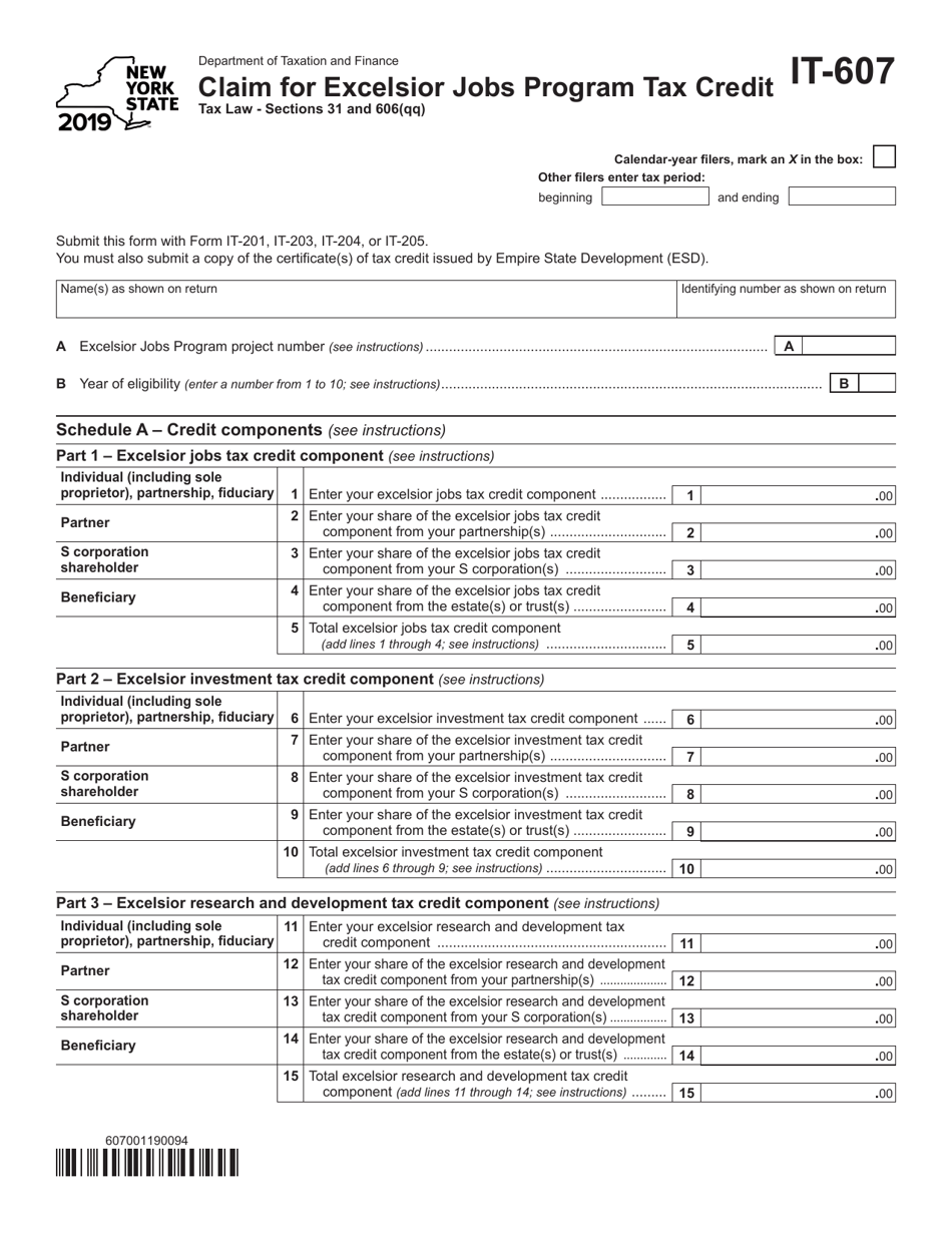 Form IT-607 Claim for Excelsior Jobs Program Tax Credit - New York, Page 1