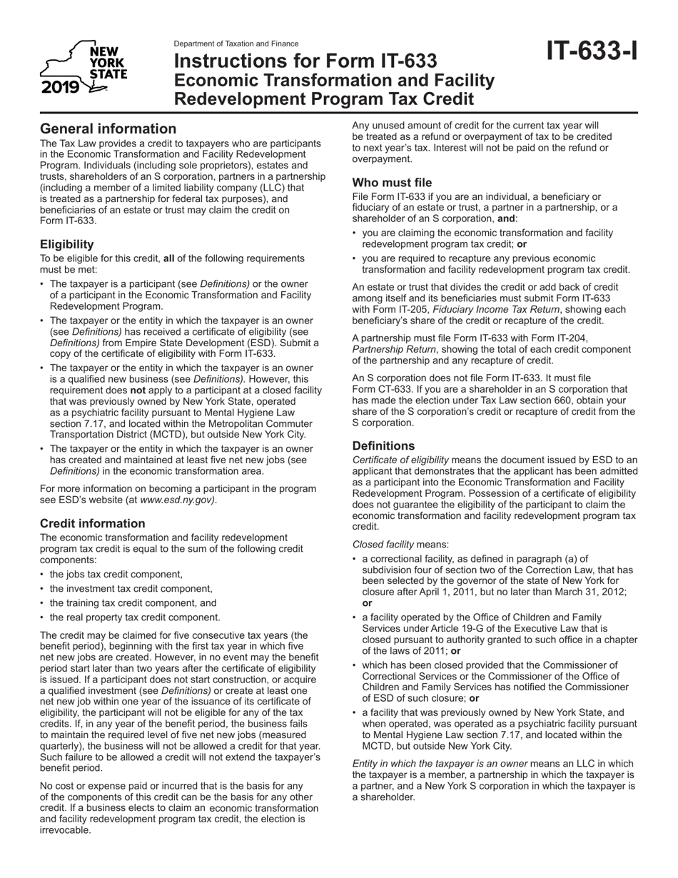 Instructions for Form IT-633 Economic Transformation and Facility Redevelopment Program Tax Credit - New York, Page 1