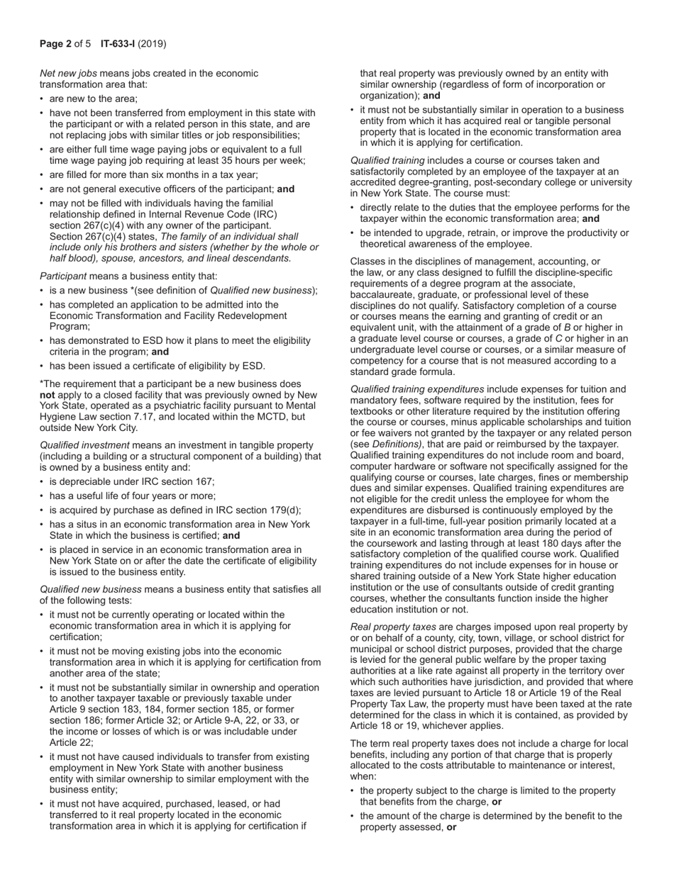 Instructions for Form IT-633 Economic Transformation and Facility Redevelopment Program Tax Credit - New York, Page 2