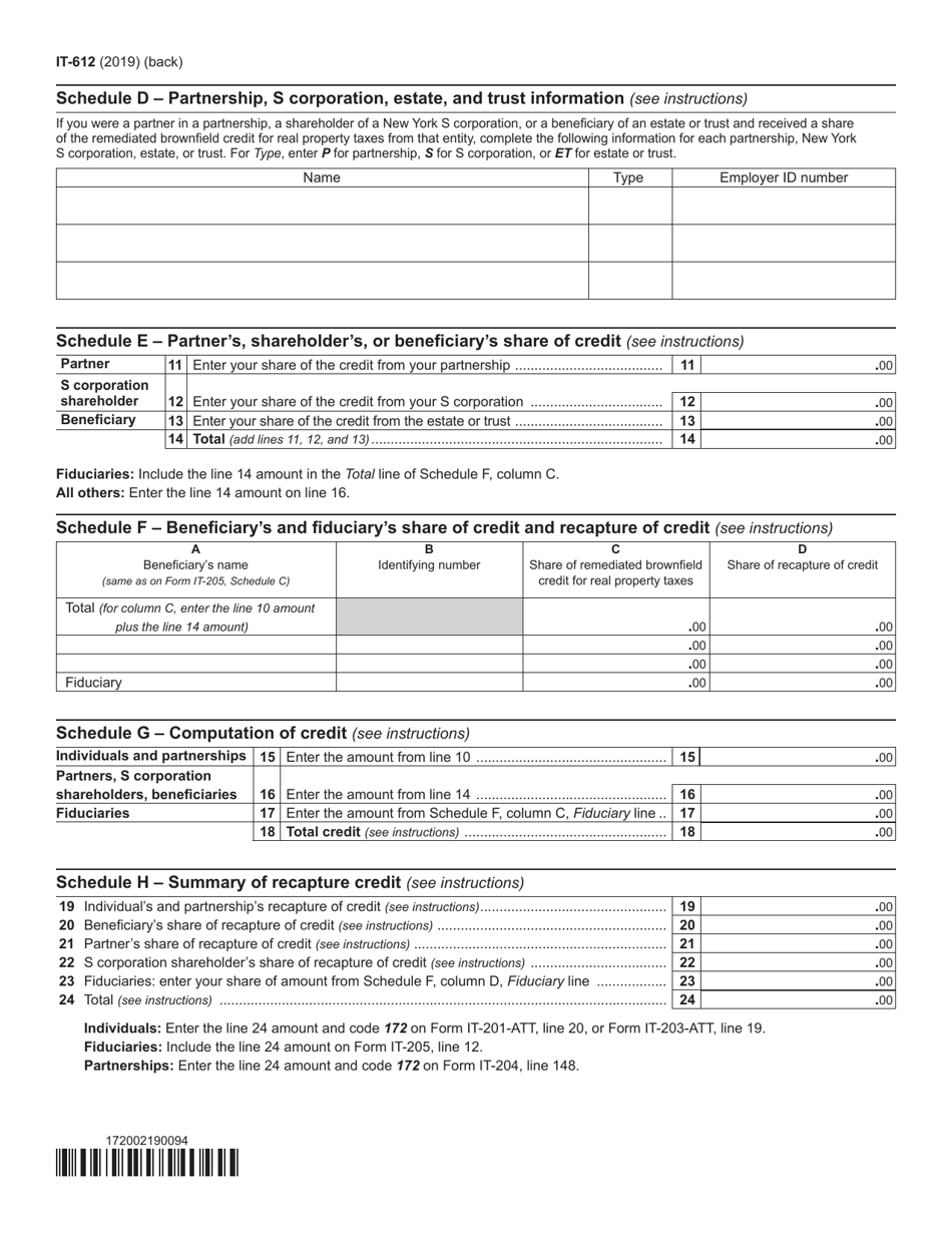Form IT-612 Claim for Remediated Brownfield Credit for Real Property Taxes for Qualified Sites Accepted Into the Brownfield Cleanup Program Prior to July 1, 2015 - New York, Page 2