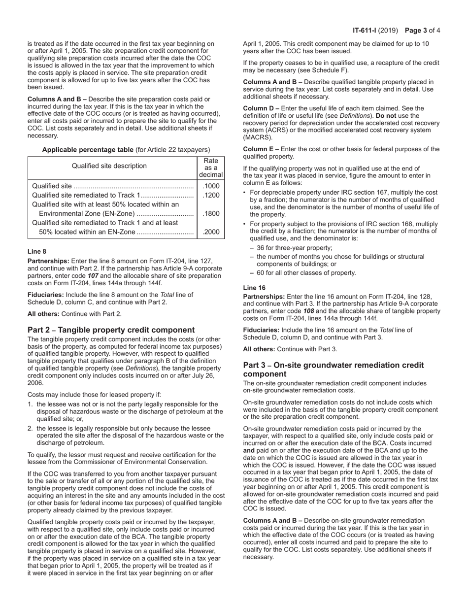 Instructions for Form IT-611 Claim for Brownfield Redevelopment Tax Credit for Qualified Sites Accepted Into the Brownfield Cleanup Program Prior to June 23, 2008 - New York, Page 3