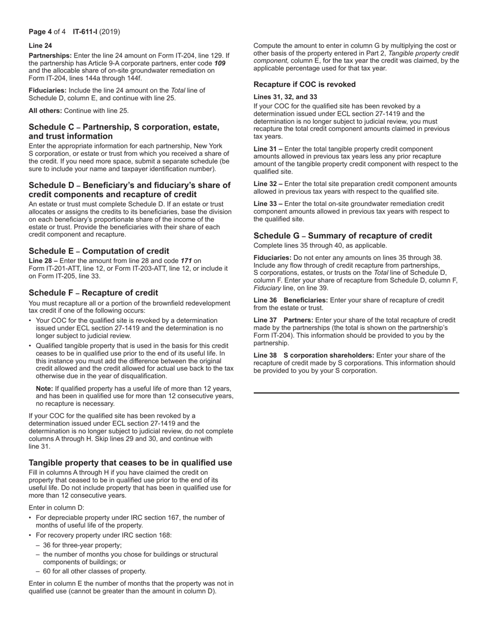Instructions for Form IT-611 Claim for Brownfield Redevelopment Tax Credit for Qualified Sites Accepted Into the Brownfield Cleanup Program Prior to June 23, 2008 - New York, Page 4