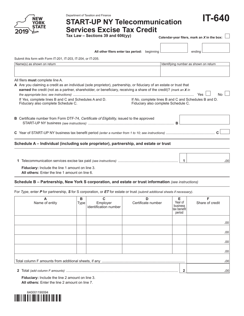 Form IT-640 Start-Up Ny Telecommunication Services Excise Tax Credit - New York, Page 1