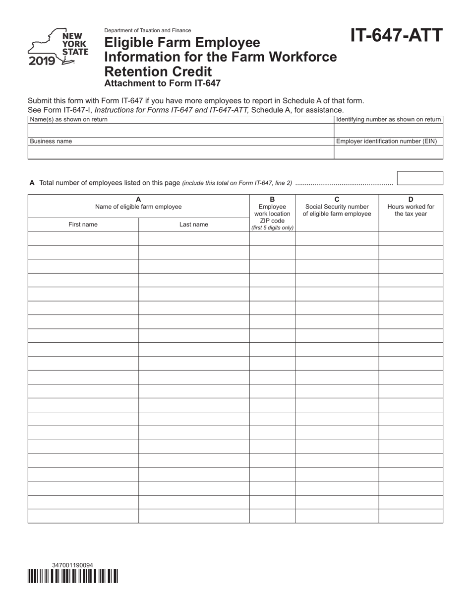 Form IT-647-ATT Eligible Farm Employee Information for the Farm Workforce Retention Credit - New York, Page 1