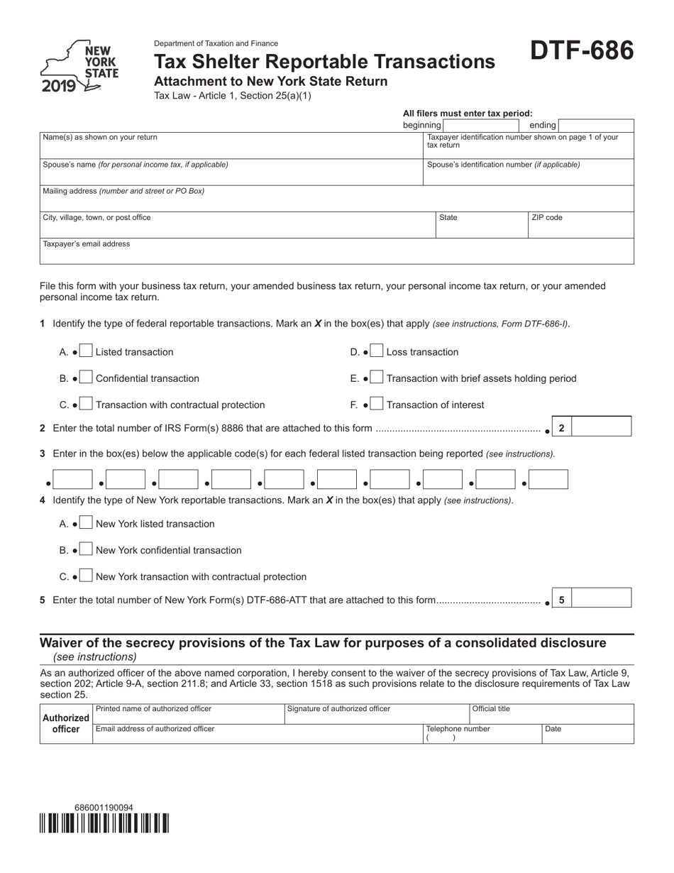 Form DTF-686 Tax Shelter Reportable Transactions - New York, Page 1