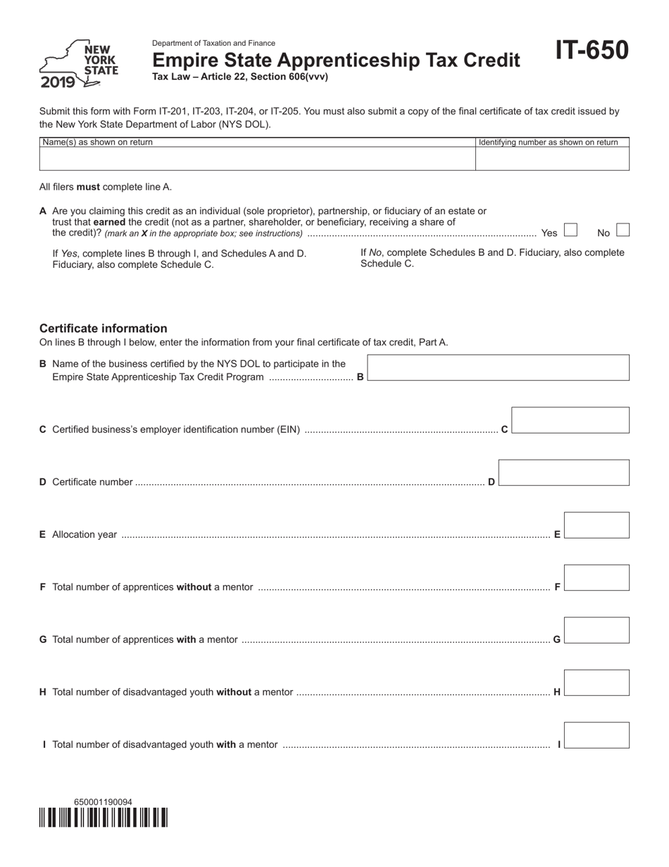 Form IT-650 Empire State Apprenticeship Tax Credit - New York, Page 1