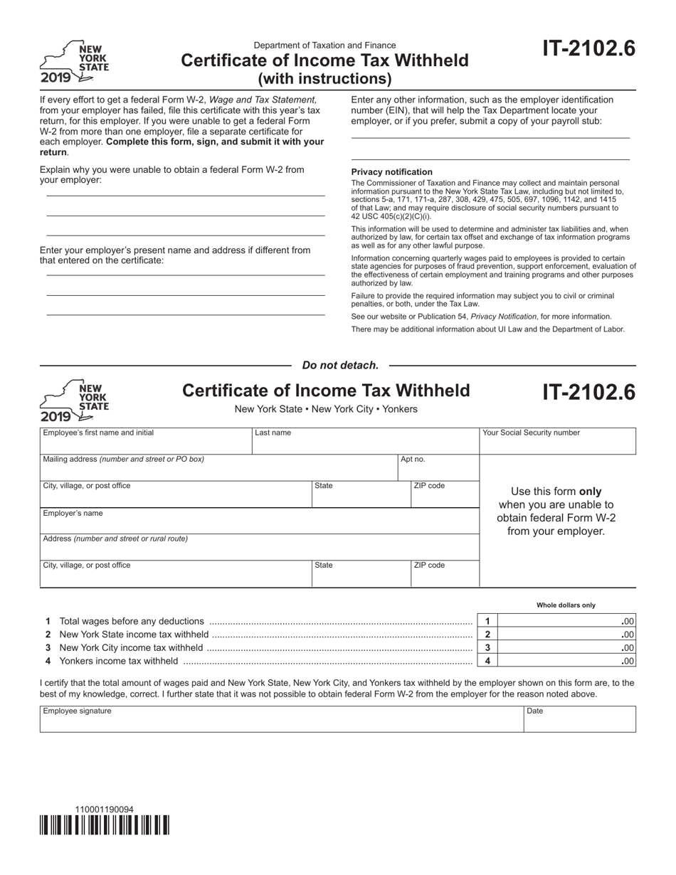 Form IT-2102.6 Certificate of Income Tax Withheld - New York, Page 1