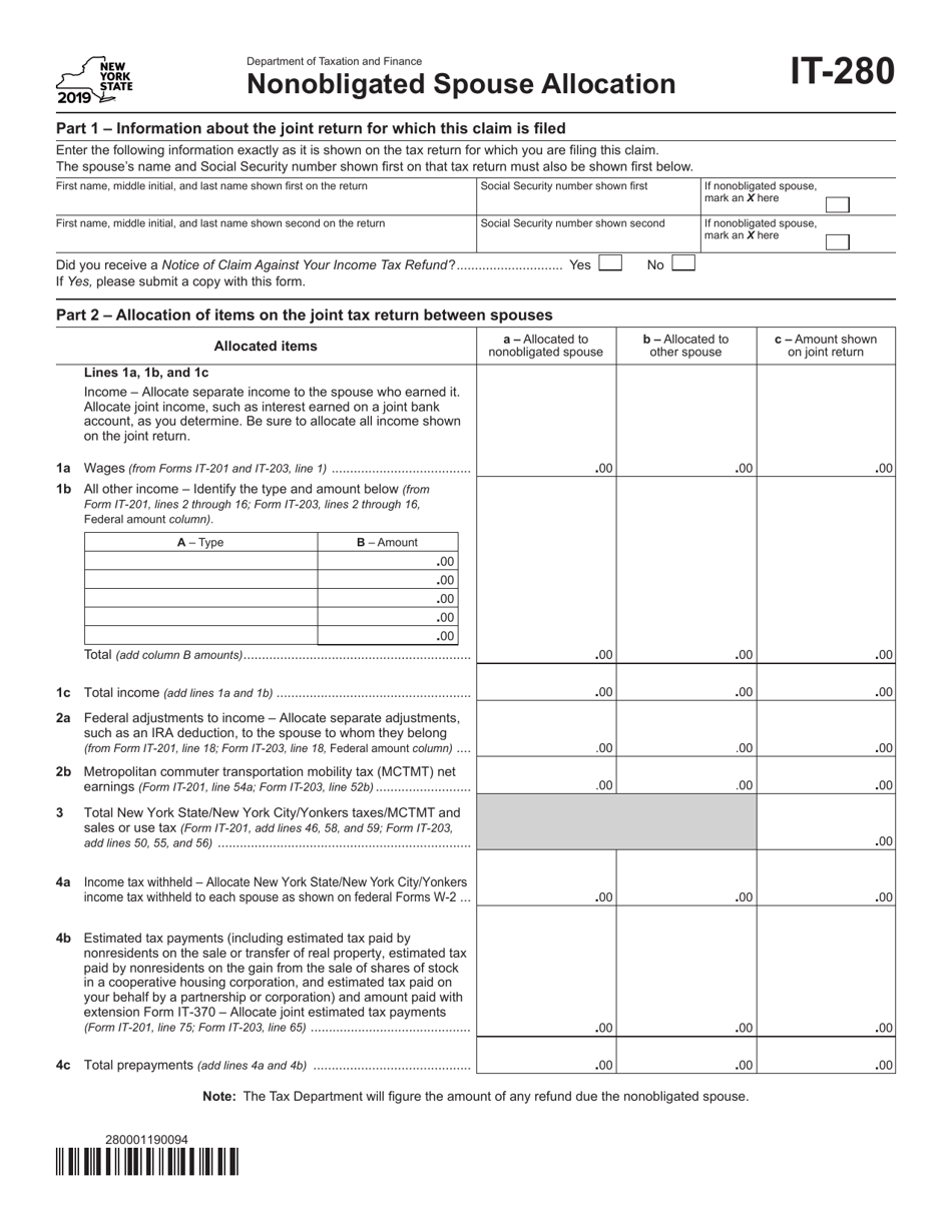 Form IT-280 Nonobligated Spouse Allocation - New York, Page 1