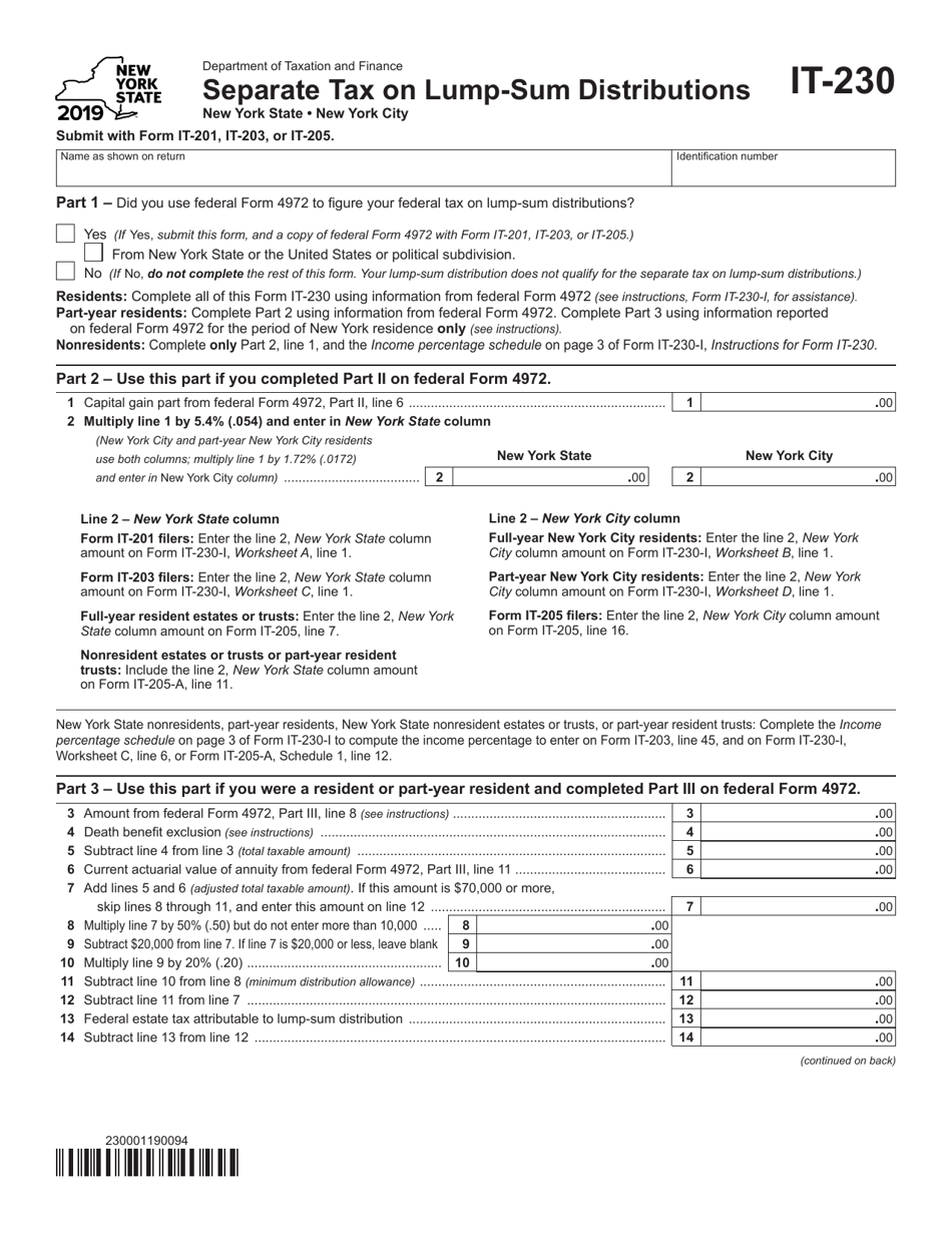 Form IT-230 Separate Tax on Lump-Sum Distributions - New York, Page 1