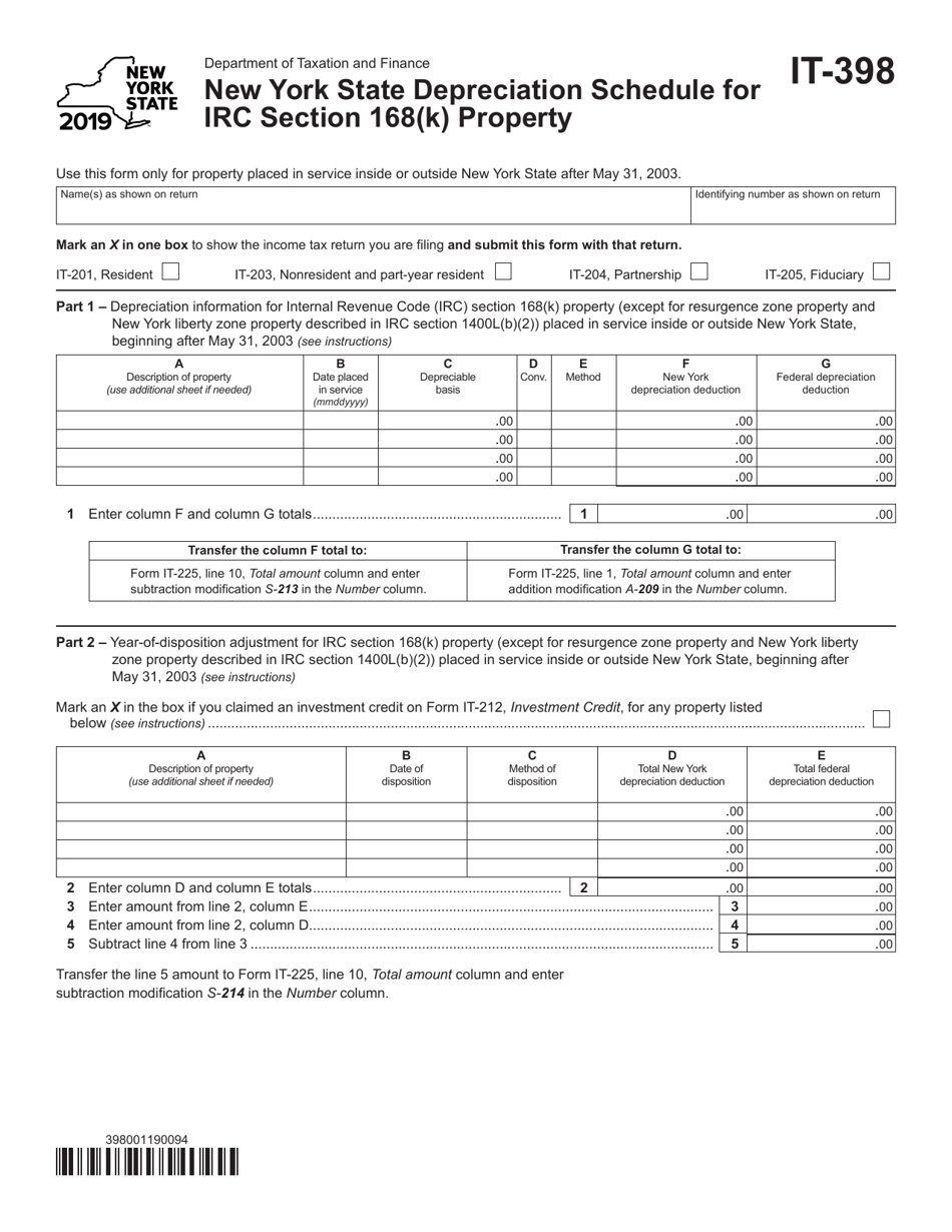 Form IT-398 New York State Depreciation Schedule for IRC Section 168(K) Property - New York, Page 1