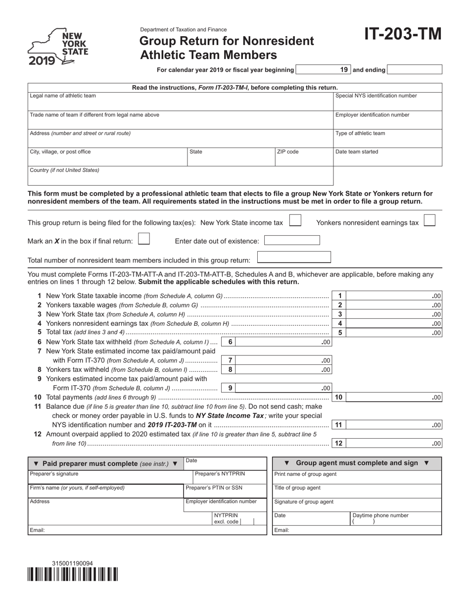 Form IT-203-TM Group Return for Nonresident Athletic Team Members - New York, Page 1