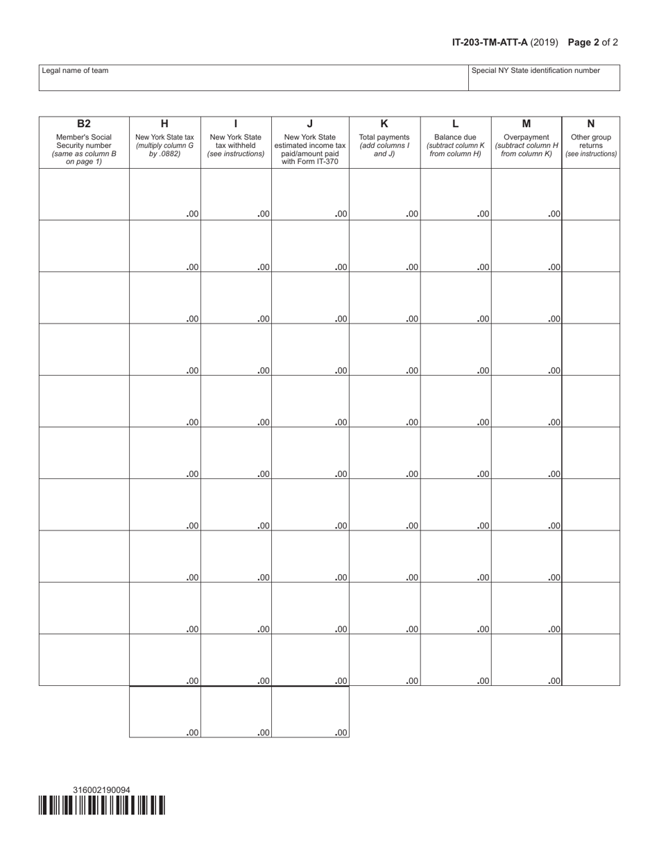 Form IT-203-TM-ATT-A Schedule A New York State Group Return for Nonresident Partners - New York, Page 2
