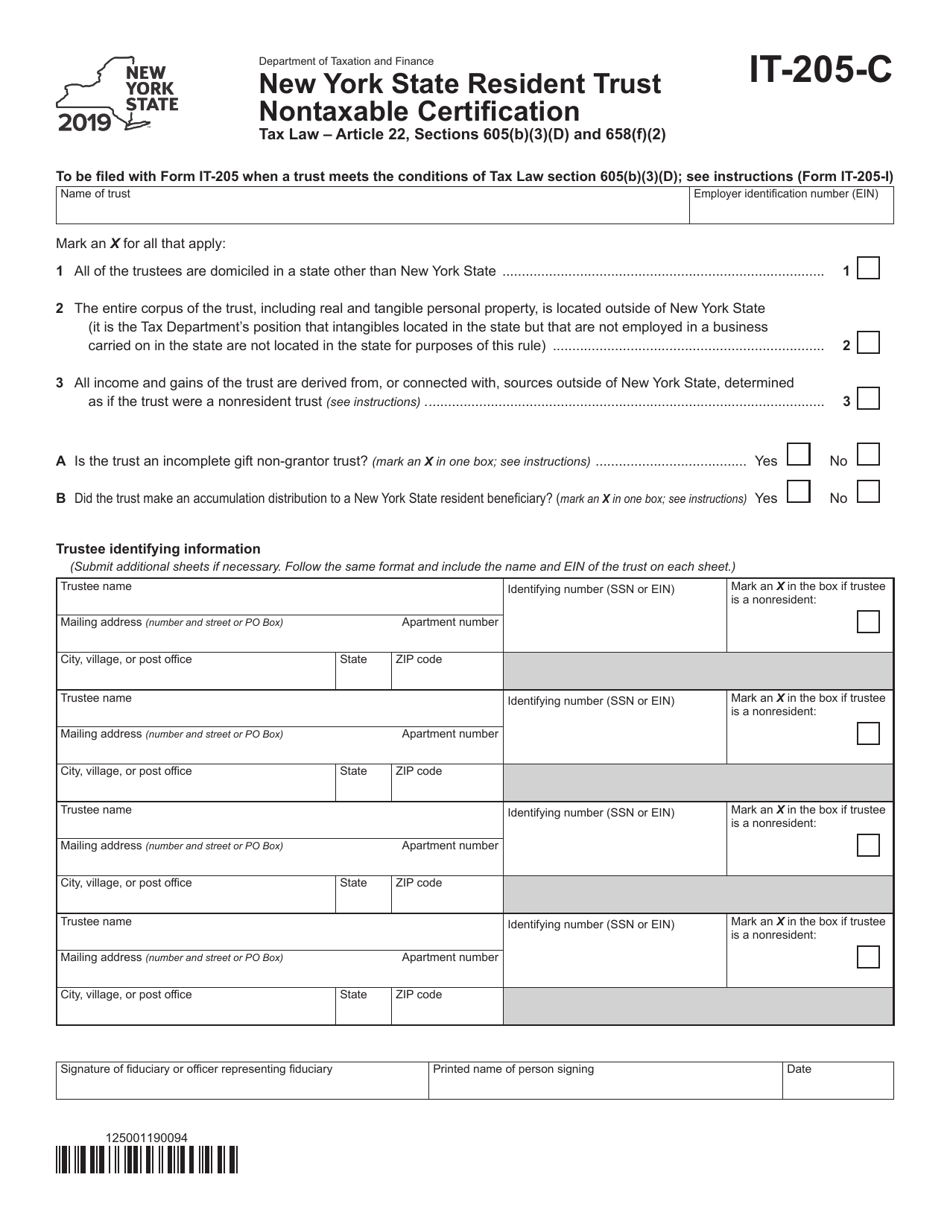 Form IT-205-C New York State Resident Trust Nontaxable Certification - New York, Page 1
