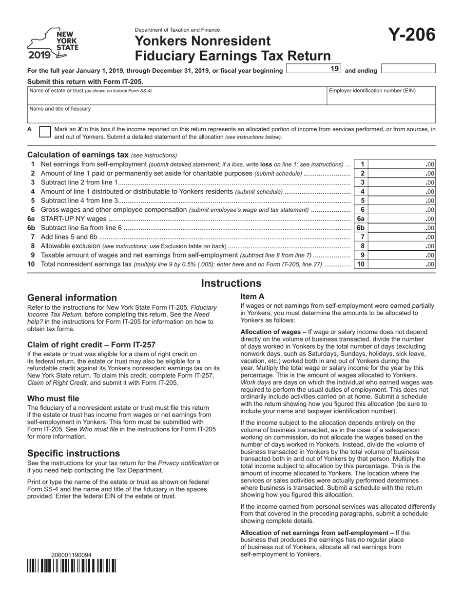 Form Y-206 Yonkers Nonresident Fiduciary Earnings Tax Return - New York, Page 1