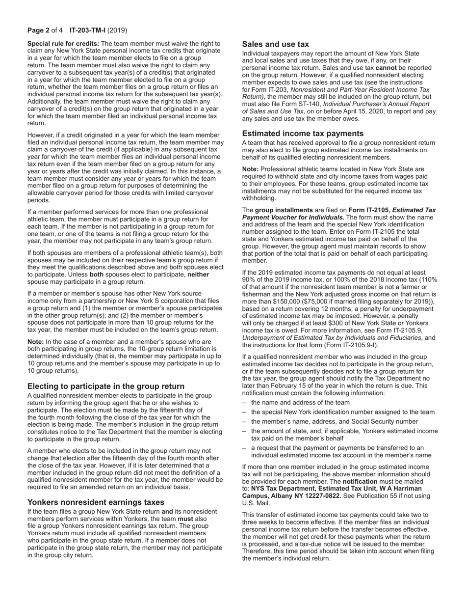 Instructions for Form IT-203-TM Group Return for Nonresident Athletic Team Members - New York, Page 2