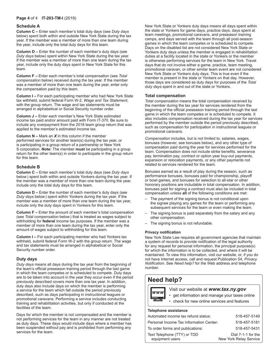 Instructions for Form IT-203-TM Group Return for Nonresident Athletic Team Members - New York, Page 4