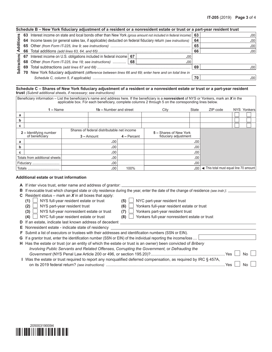 Form IT205 2019 Fill Out, Sign Online and Download Fillable PDF