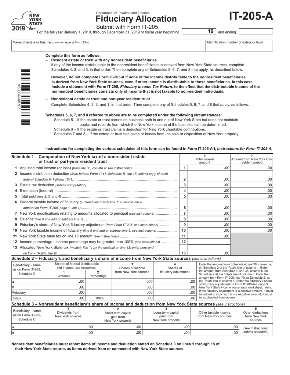 Form IT-205-A Fiduciary Allocation - New York, Page 1