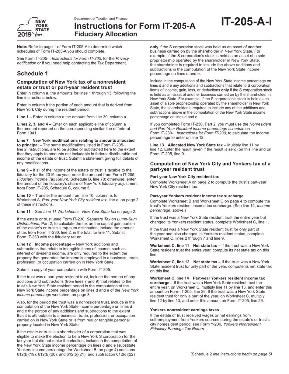 Instructions for Form IT-205-A Fiduciary Allocation - New York, Page 1