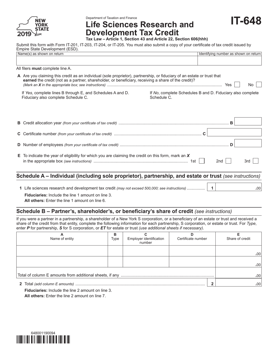 Form IT-648 Life Sciences Research and Development Tax Credit - New York, Page 1