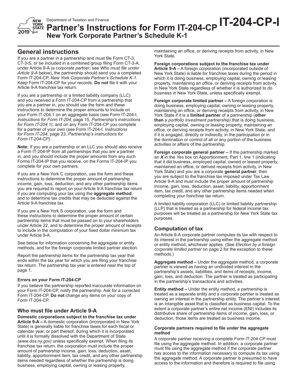 Instructions for Form IT-204-CP Schedule K-1 New York Corporate Partners Schedule - New York, Page 1