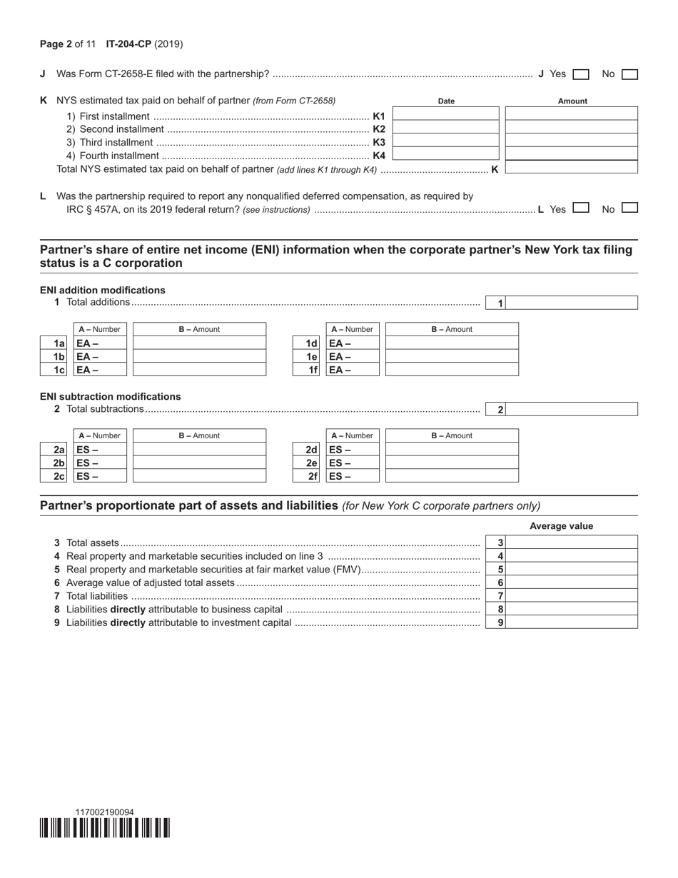 Form IT-204-CP Schedule K-1 New York Corporate Partners Schedule - New York, Page 2