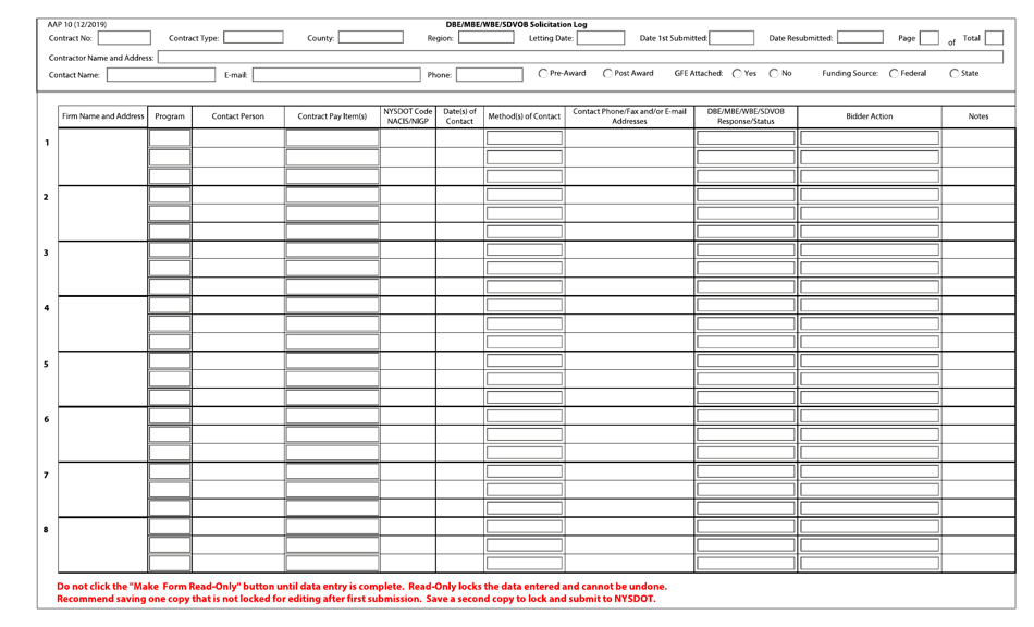 Form AAP10 Dbe / Mbe / Wbe / Sdvob Solicitation Log - New York, Page 1