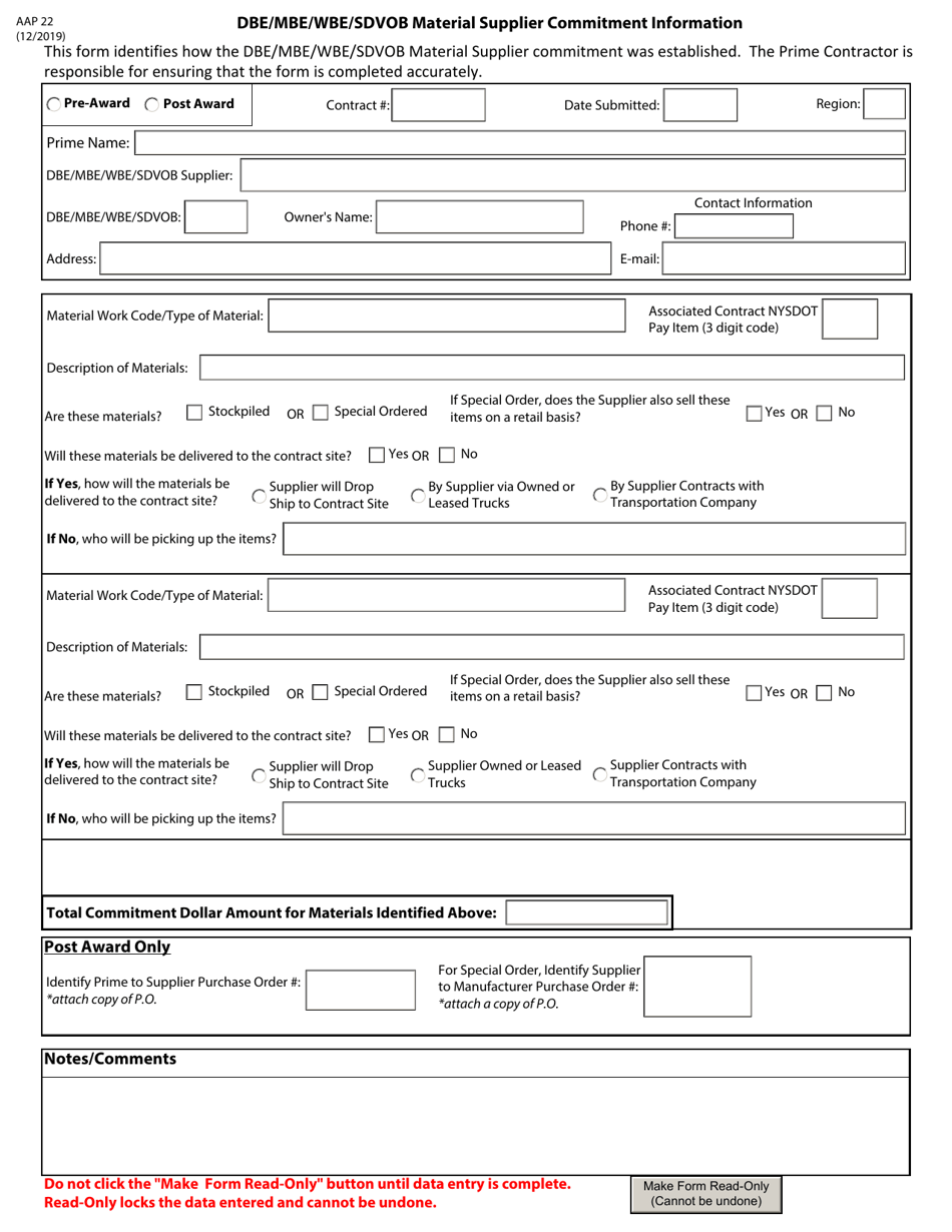 Form AAP22 Dbe / Mbe / Wbe / Sdvob Material Supplier Commitment Information - New York, Page 1