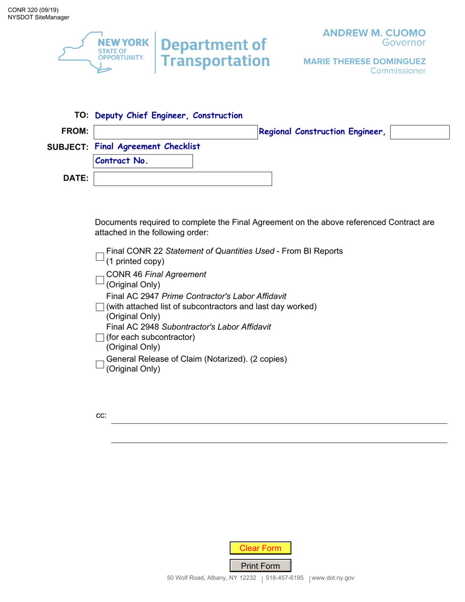Form CONR320 Final Agreement Checklist Memo - Sitemanager - New York, Page 1