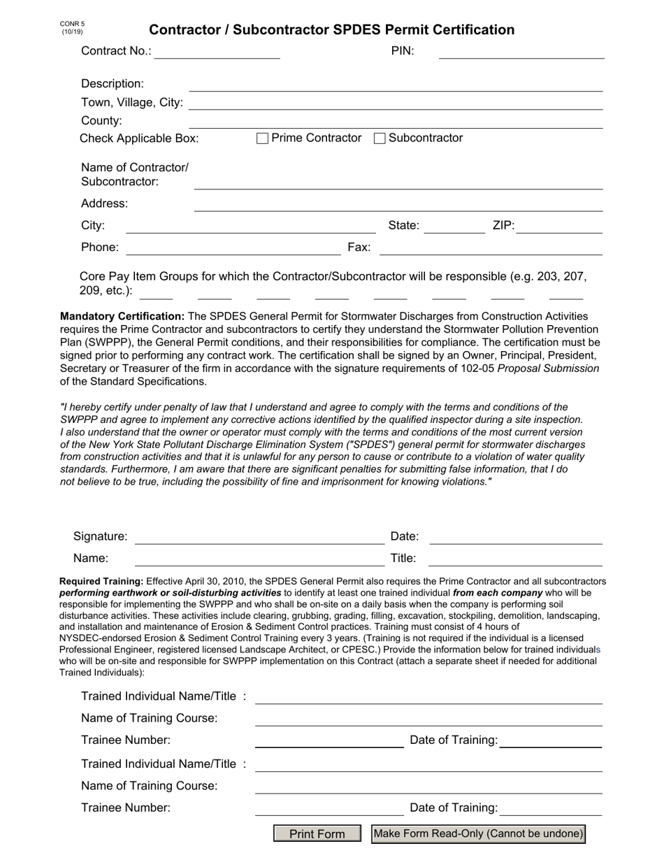 Form CONR5 Contractor / Subcontractor Spdes Permit Certification - New York, Page 1