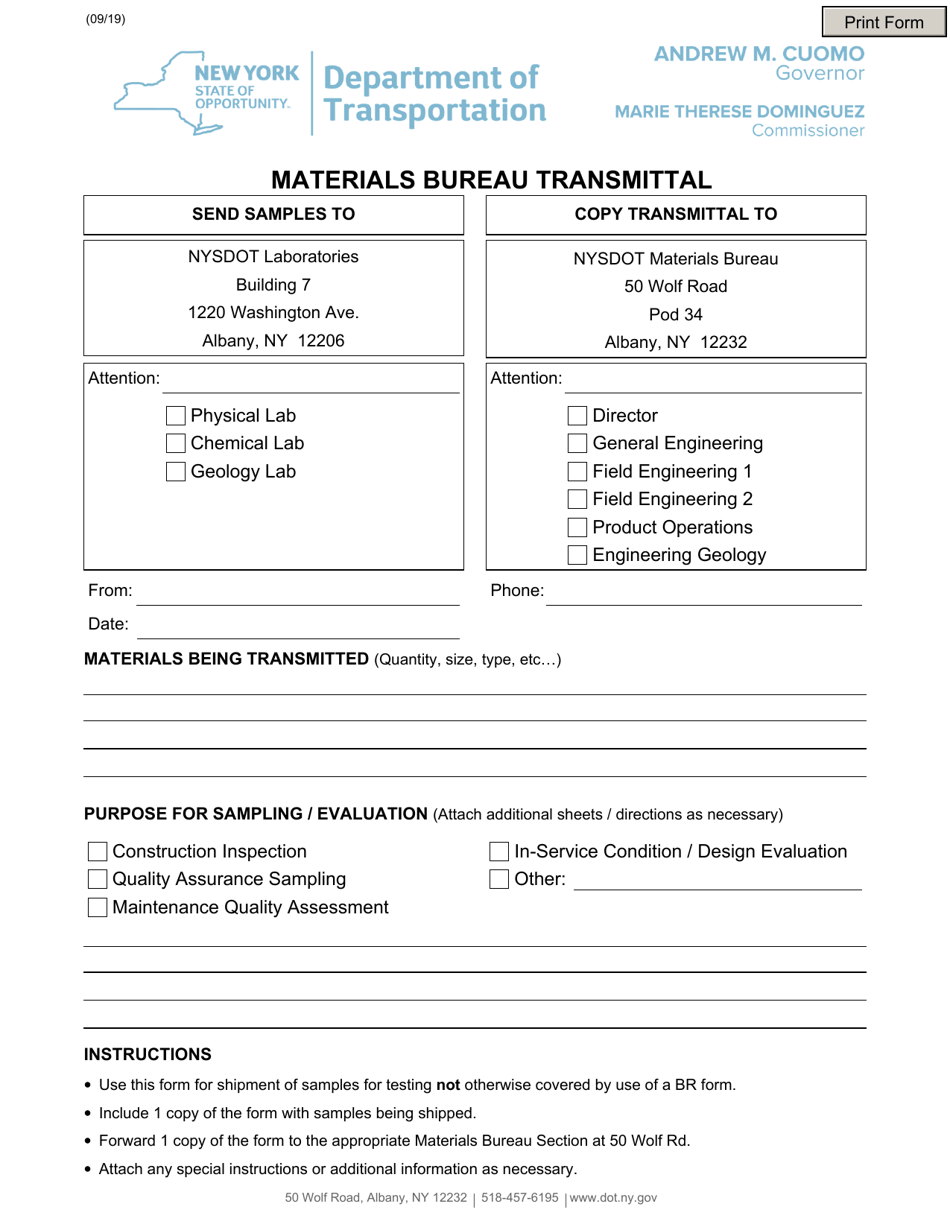 Form CONR514 Materials Bureau Transmittal - New York, Page 1