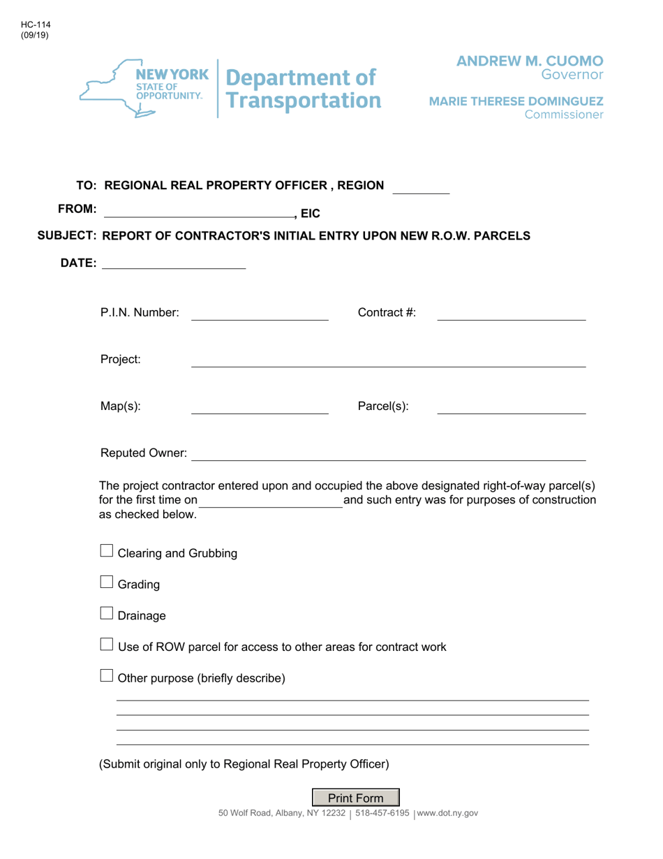 Form HC-114 Contractors Initial Entry Form - New York, Page 1