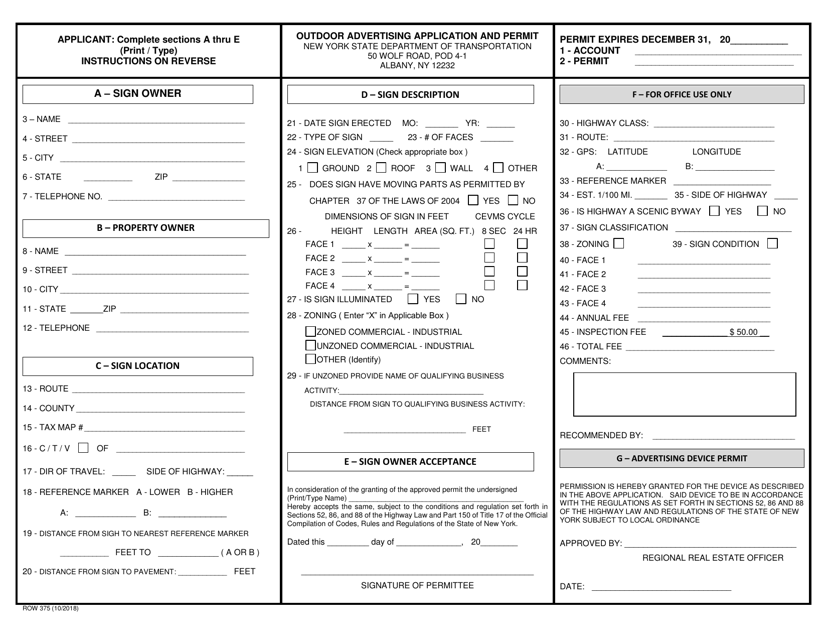 Form ROW375 Application for Outdoor Advertising Permit - New York