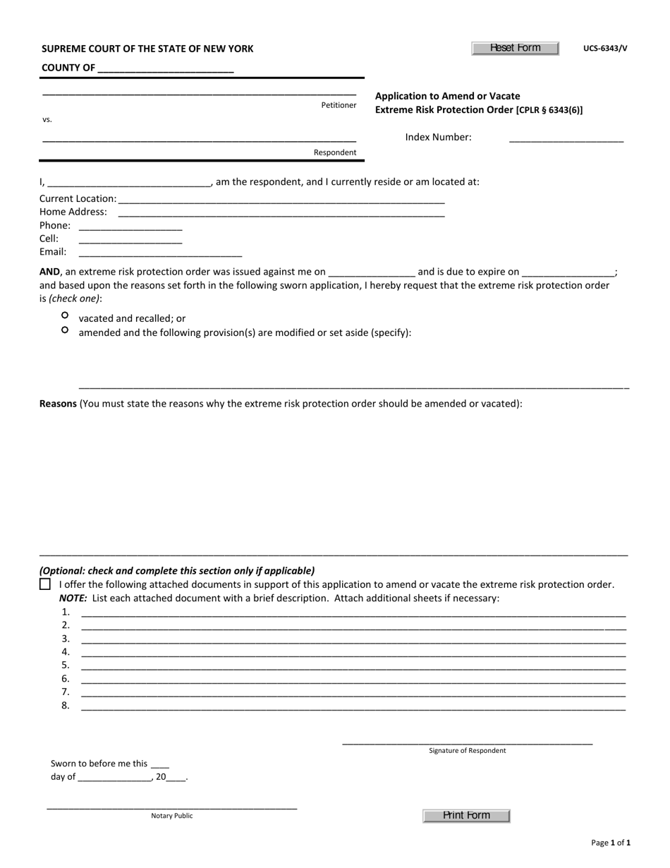 Form UCS-6343/V Application to Amend or Vacate Extreme Risk Protection Order - New York, Page 1