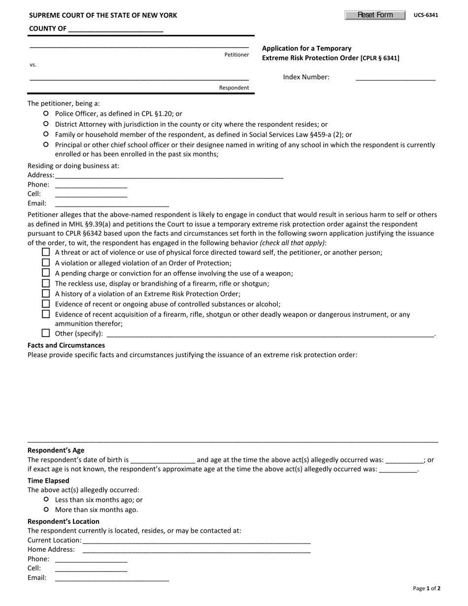 Form UCS-6341 Application for a Temporary Extreme Risk Protection Order - New York, Page 1