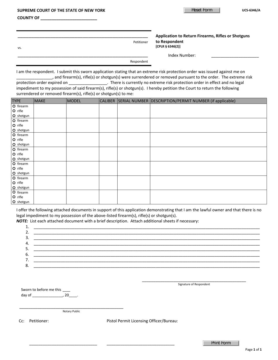 Form UCS-6346A Application to Return Firearms, Rifles or Shotguns to Respondent - New York, Page 1