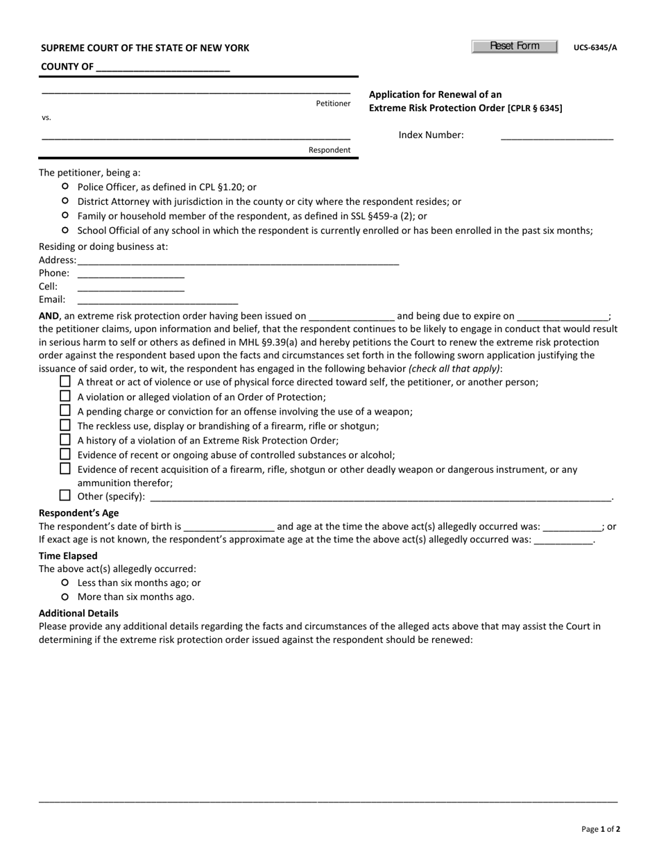 Form UCS-6345A Application for Renewal of an Extreme Risk Protection Order - New York, Page 1