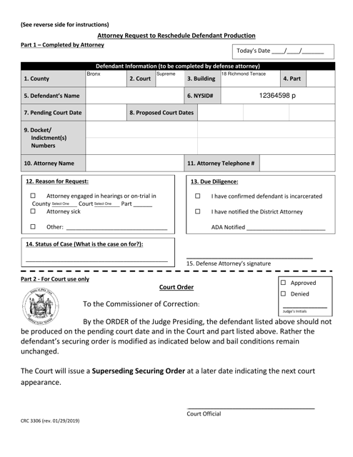 Form CRC3306 Attorney Request to Reschedule Defendant Production - New York