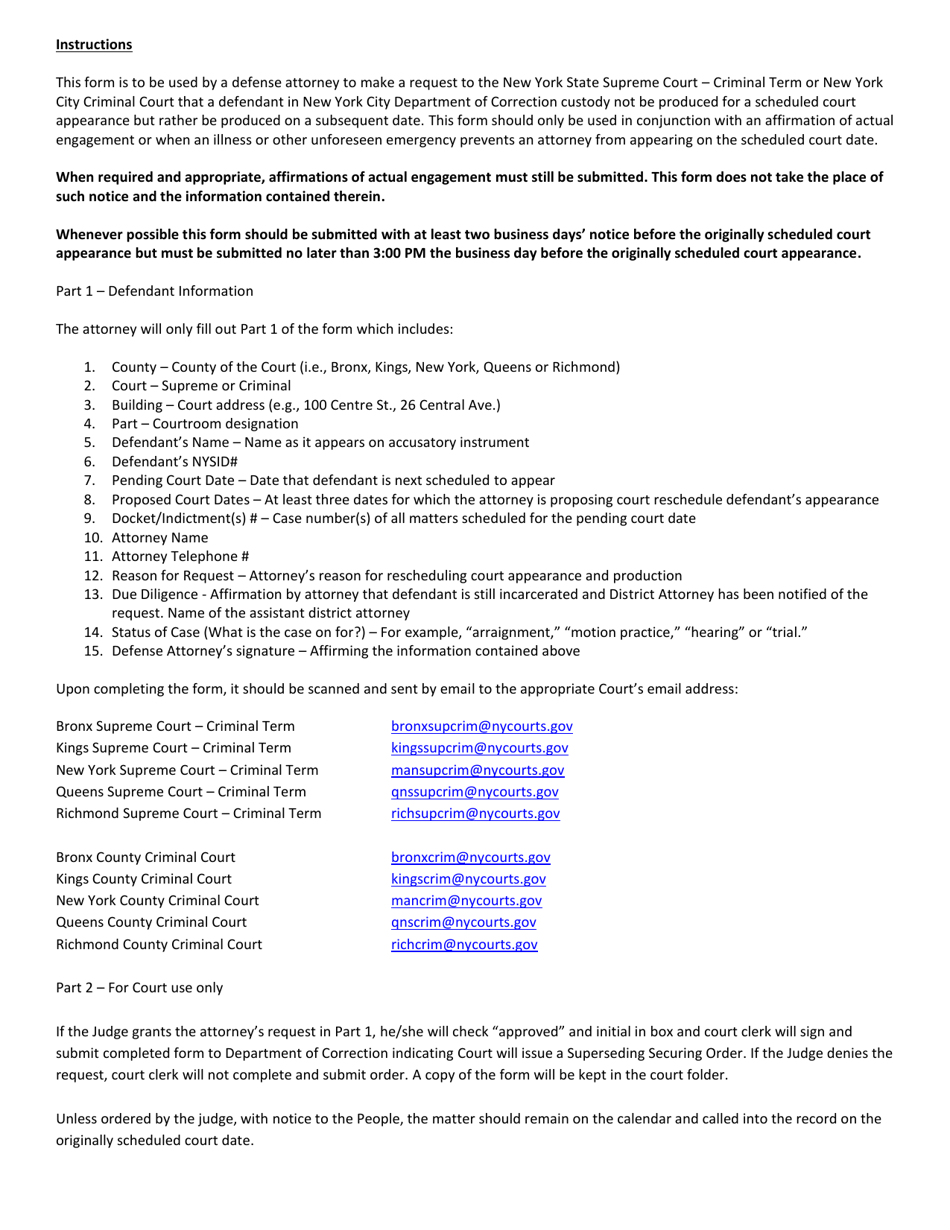 Form CRC3306 Attorney Request to Reschedule Defendant Production - New York, Page 2