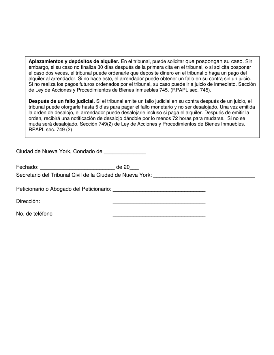 Notificacion De Peticion Por Incumplimiento De Pago - New York City (Spanish), Page 3