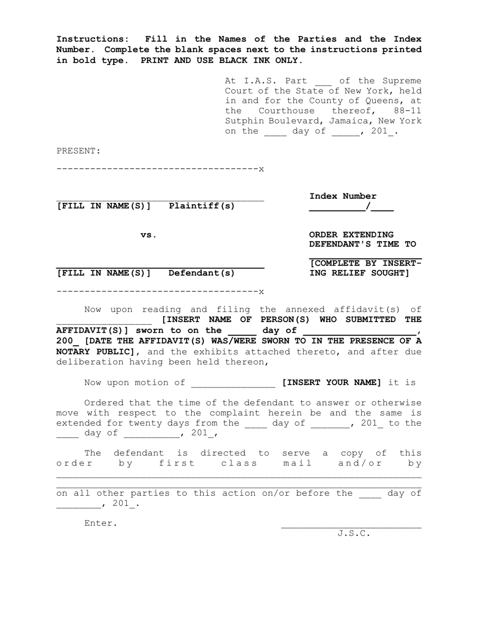 Order Extending Defendants Time to Answer - Queens County, New York, Page 1