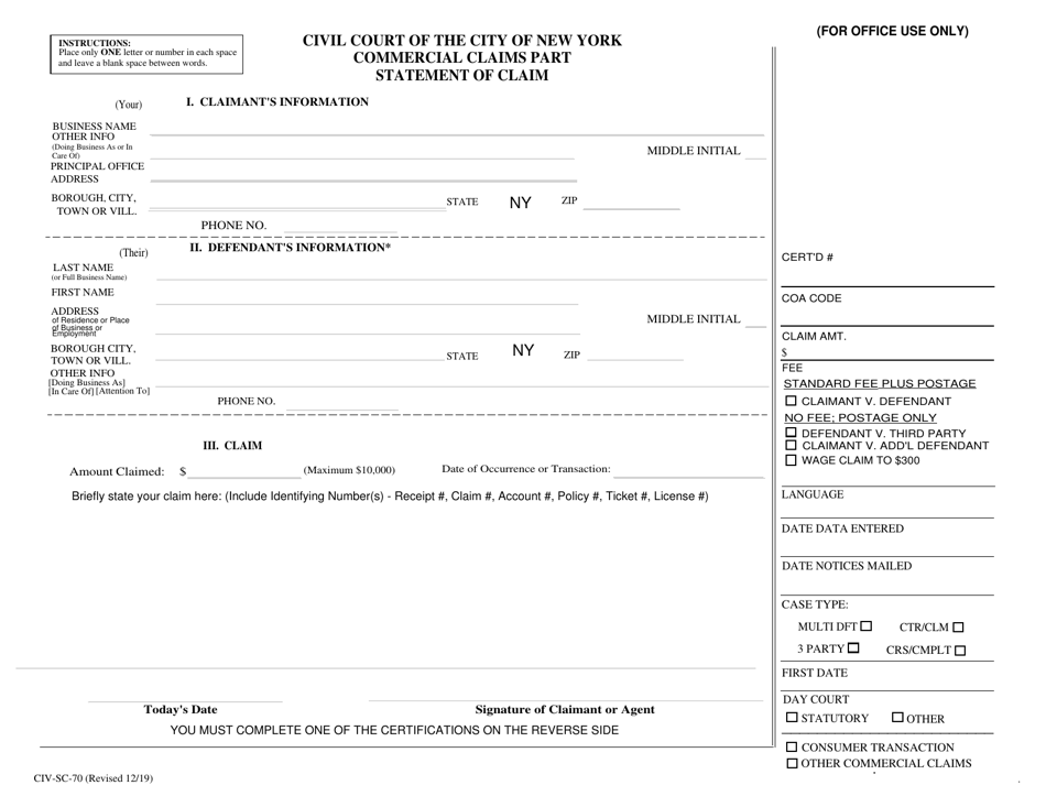 Form CIV-SC-70 - Fill Out, Sign Online and Download Fillable PDF, New ...