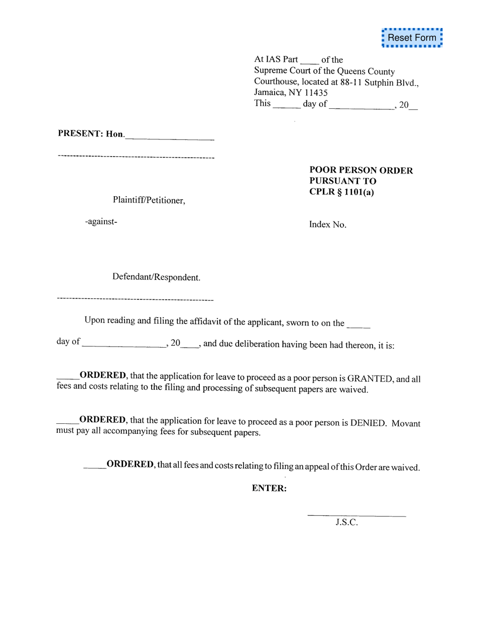 Poor Person Order Pursuant to Cplr 1101(A) - Queens County, New York, Page 1
